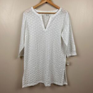 Talbots Womens Cover Up  S/M White Cotton‎ Eyelet Sheer 3/4 Sleeve Breathable